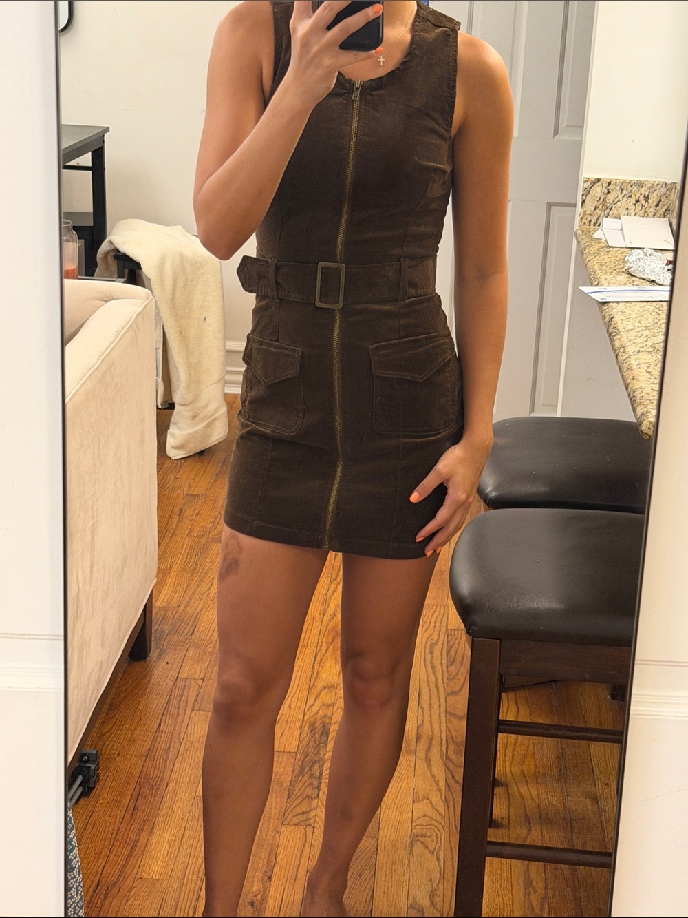 Rewash Sleeveless Brown Belted Zip-Front Mini Dress in XS